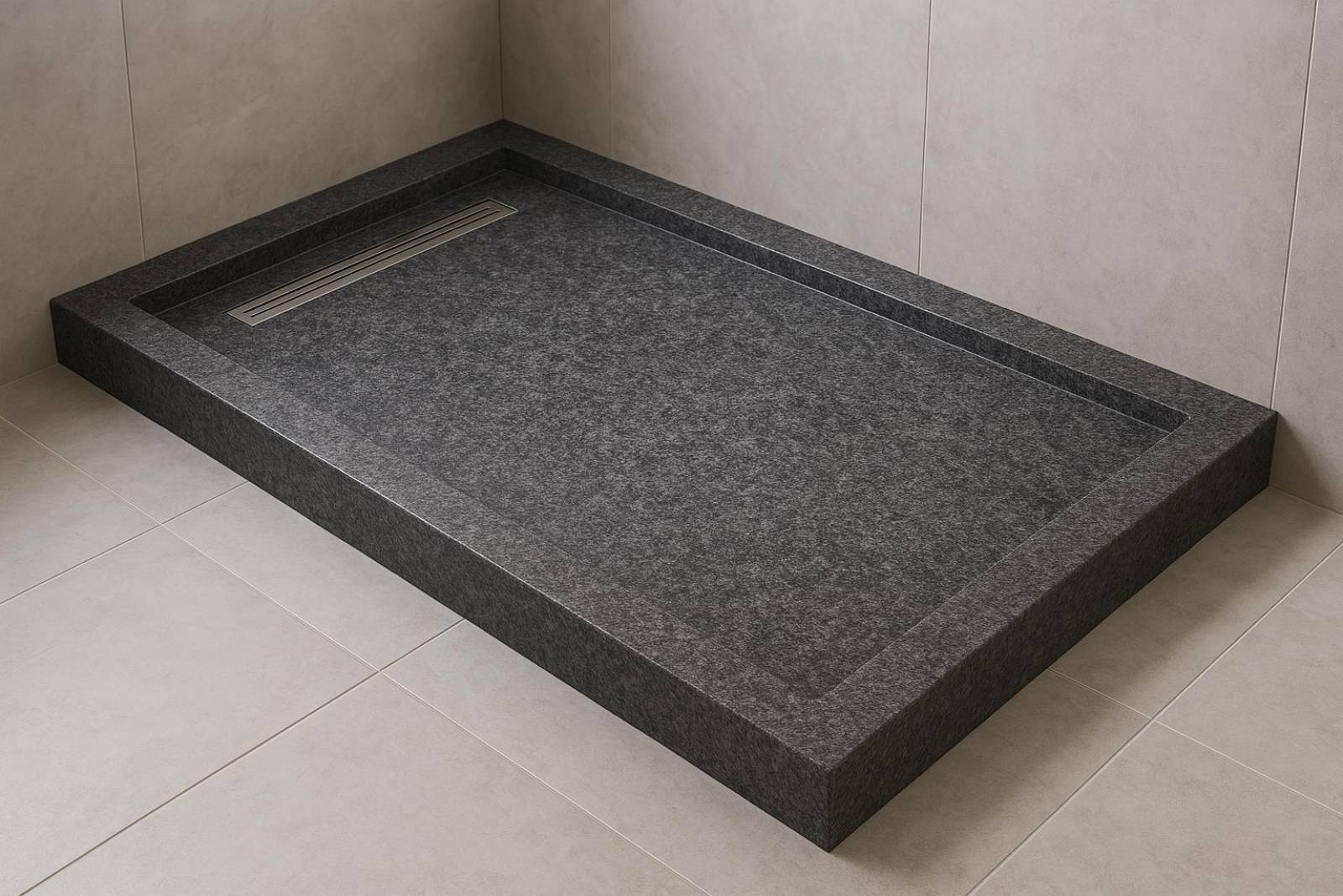 atelier de marbrerie pour receveur de douche en granit noir impala avec caniveau intégré dans une salle de bain moderne à saint-tropez