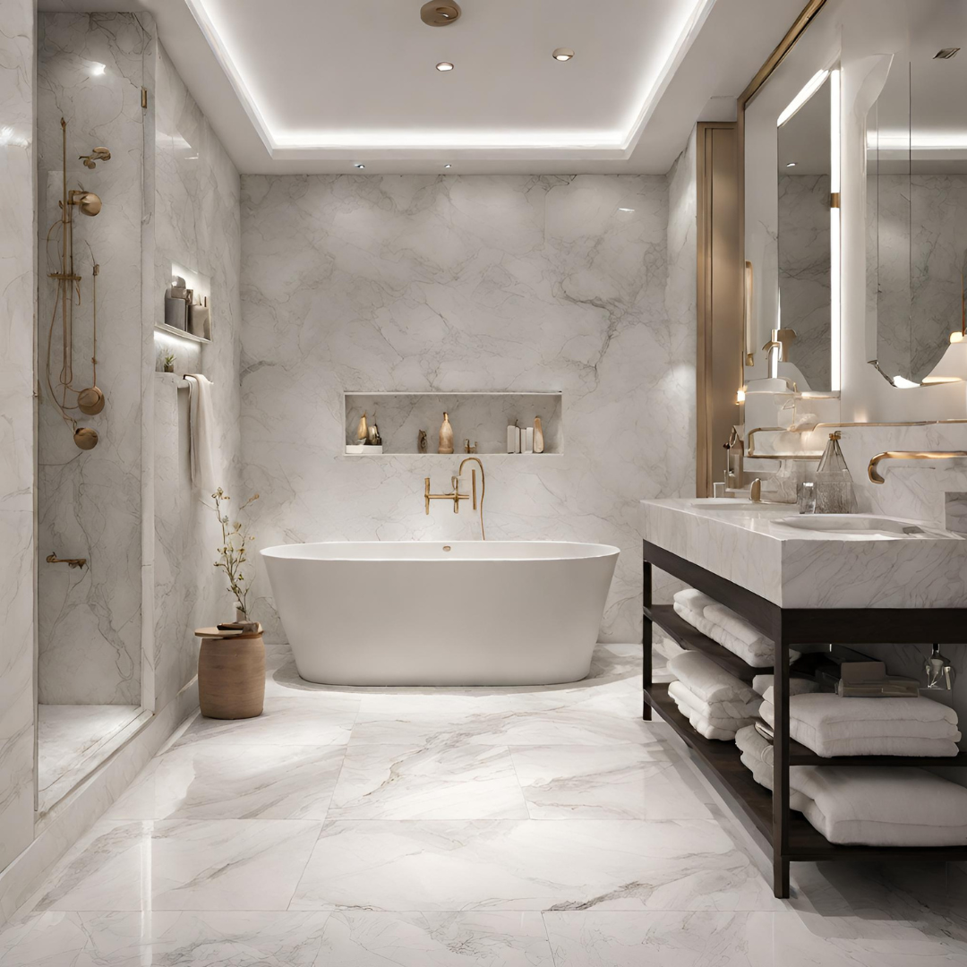 pose d'un sol en marbre dans une salle de bain