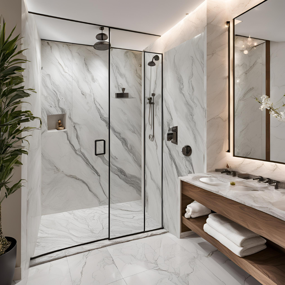 Société de marbrerie pour la conception d’une douche à l’italienne en marbre à Saint-Raphaël 83530 proche Agay