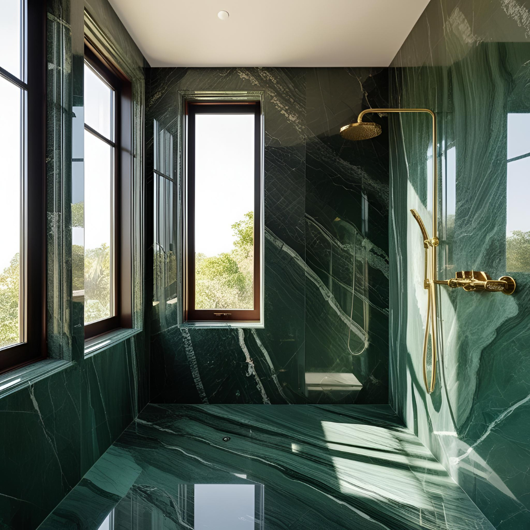 société de marbrerie pour salle de douche atypique en marbre verde alpi à fréjus 83600