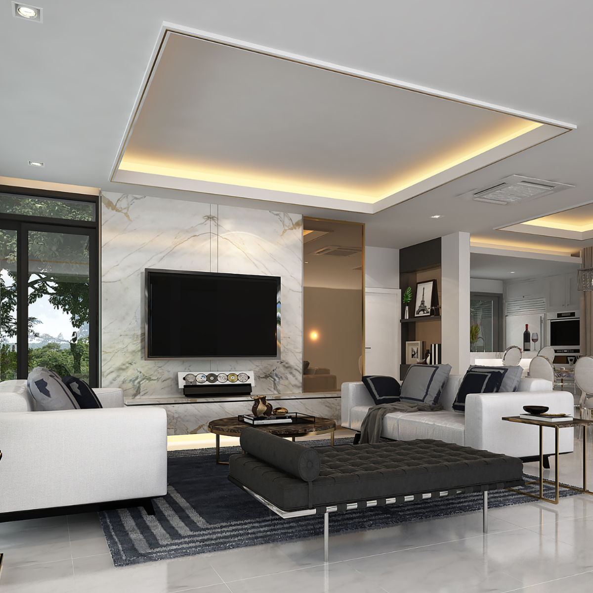 faire appel à un marbrier pour habillage mural en marbre calacatta dans un salon moderne à saint raphaël 83530 proche agay