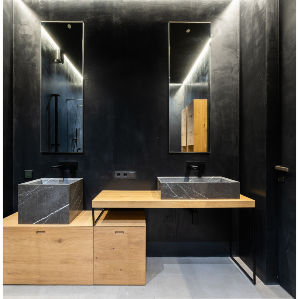 recourir à un artisan marbrier double vasque asymétrique en marbre noir marquina à saint raphaël 83530 proche agay